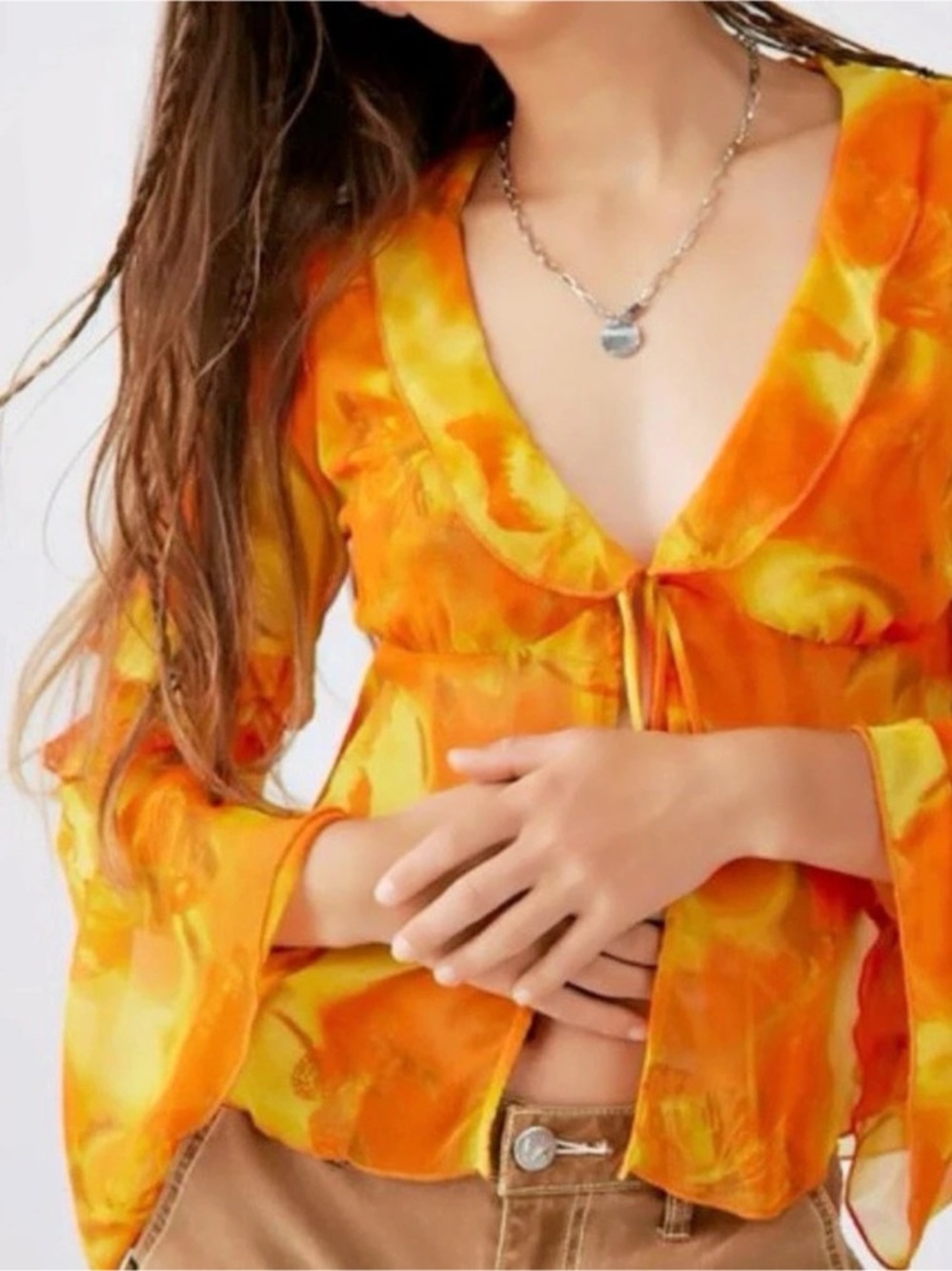 Urban Outfitters Archive Butterfly Mesh Tie-Front Crop Top Floral Blouse